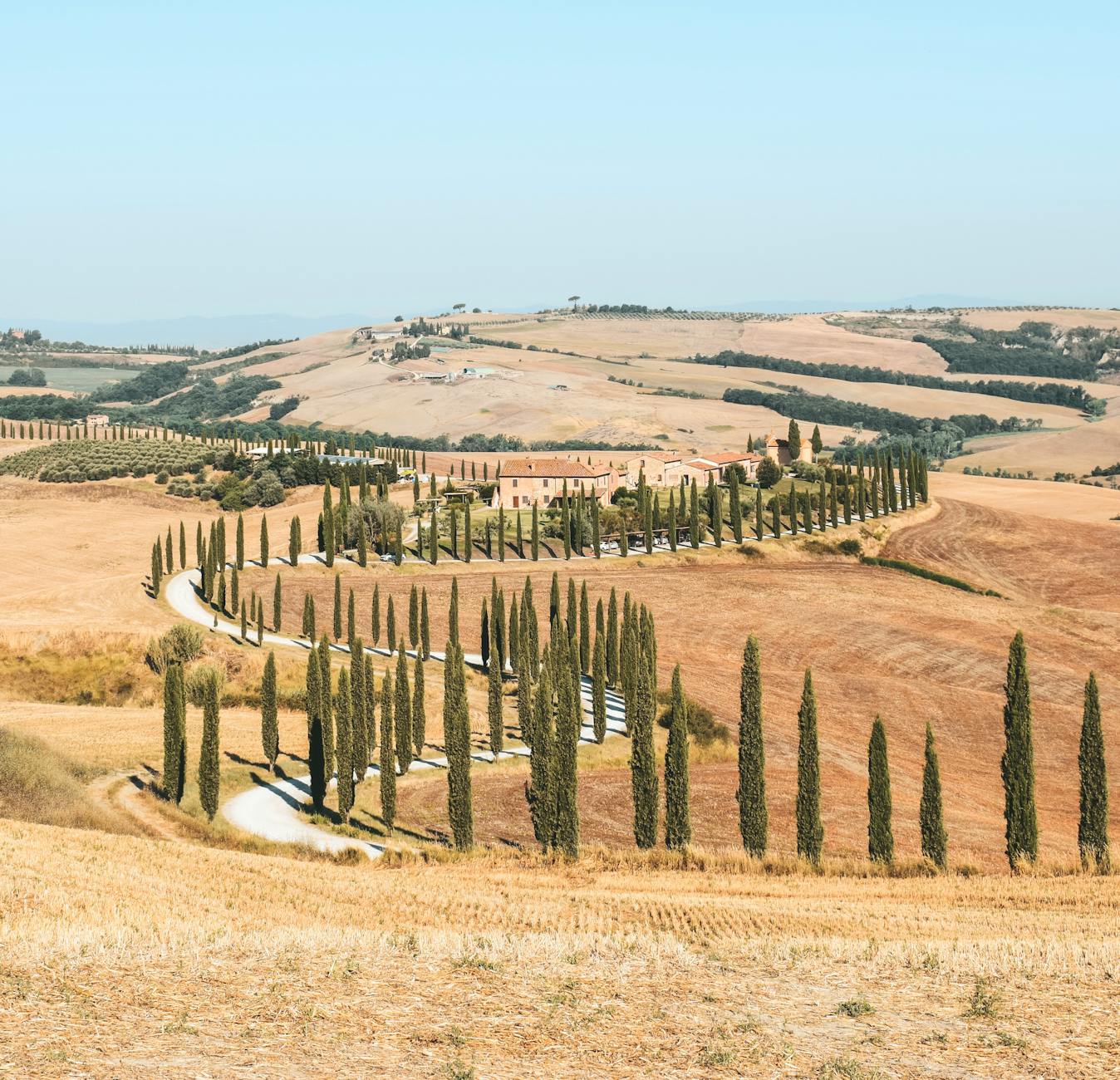 Toskania z dziećmi: agriturismo, basen i winne miasteczka bez stresu Letnie wzgórza Toskanii z cyprysami wśród winnic